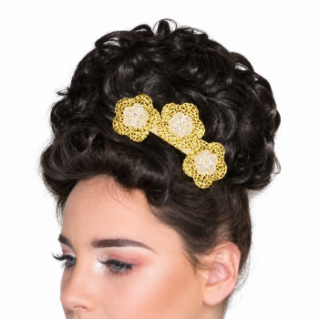 Camelia Rose gold Crochet Effect Clip on a black Irish dance wig