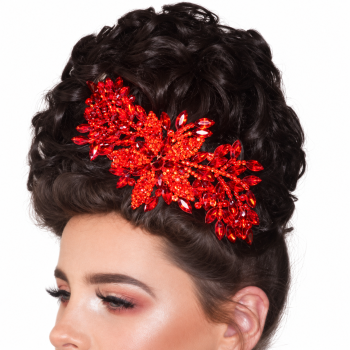 Camelia Rose Ivy Clip in red crystals on an Irish dancing wig