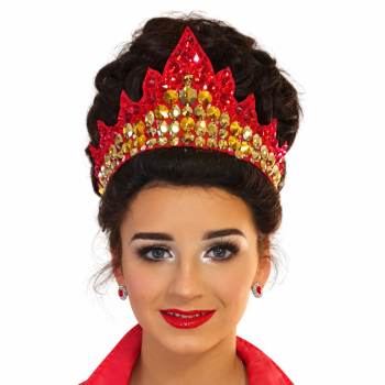 Camelia Rose Clodagh bun wig with red and gold crown, front view