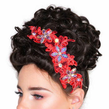 Camelia Rose Lace & Crystal hairpiece shown on a model against a white background