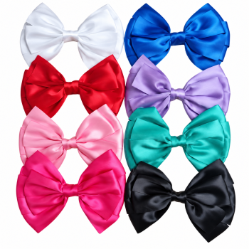 Large seven-inch satin hair bows in eight colours on a white background